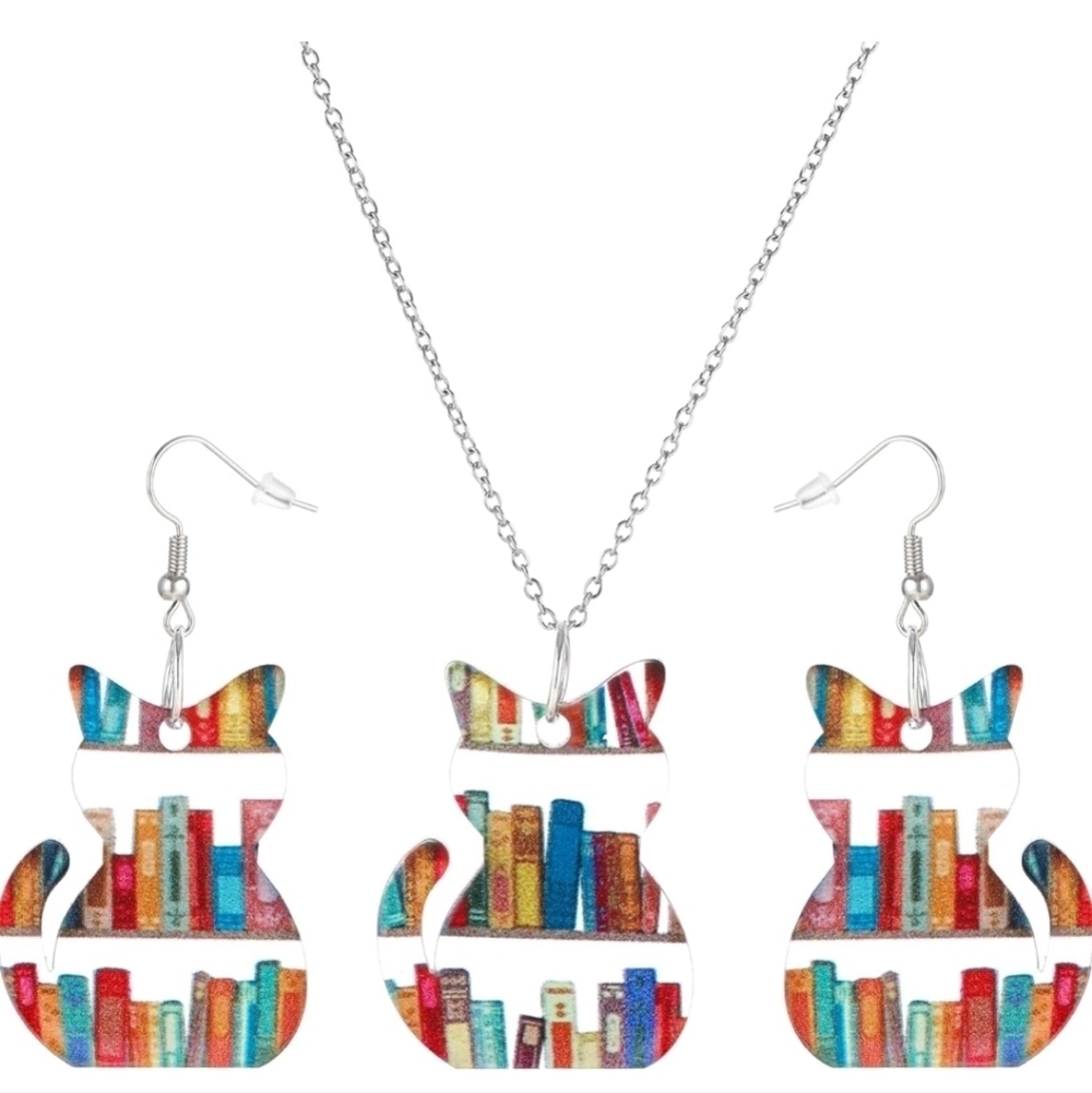 Women’s Jewelry multi-colored Cat Bookshelf Necklace and Dangle Earrings Set!